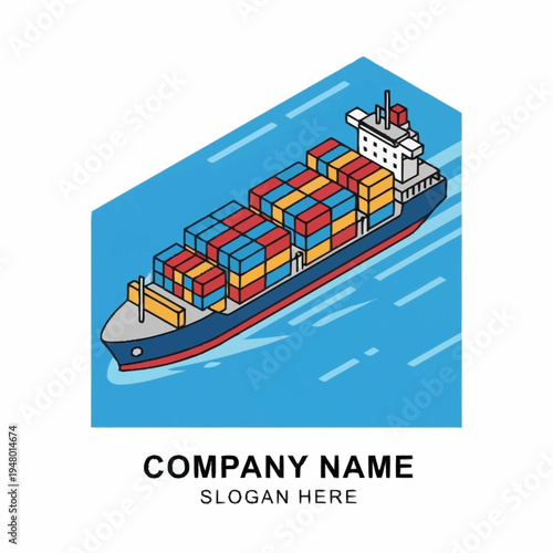 Isometric illustration of a cargo ship sailing on the water, with containers on deck.