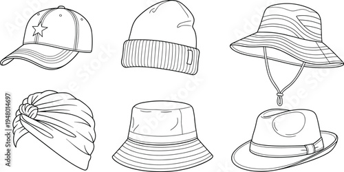 Hat collection outline set, baseball cap beanie bucket hat turban and fedora line art fashion accessories vector illustration
