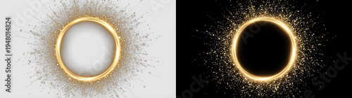 Luxury golden glitter ring, shining gold circle with sparkle dust particles, glam round frame, transparent PNG background, perfect for beauty, fashion, celebration, and premium design overlays