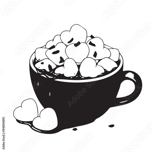 Minimal lineart illustration of a hot chocolate mug topped with marshmallows.