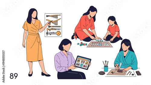 Artisan Activities: A depiction of a creative woman engaged in diverse artistic activities, illustrating the beauty of crafting and design in everyday life.