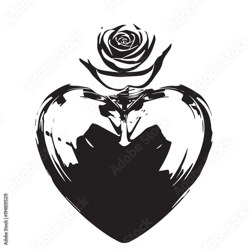 Illustration of a stylized heart with a blooming rose emerging from the top, a bold black and white graphic design.