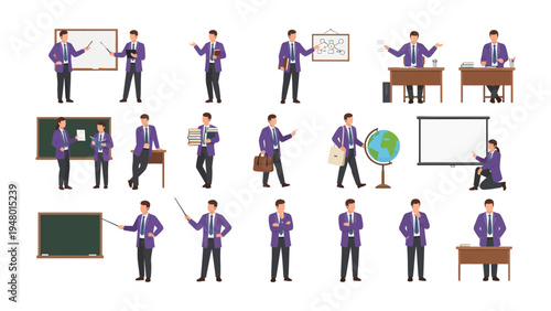 Education Professionals in Action: A series of illustrations capturing educators in various activities, ranging from teaching and presenting to working with globes and documents.