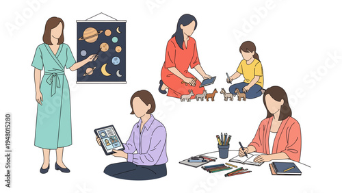 Engaging Educational Moments: A set of scenes depicting the essence of learning, where a tutor interact with students.