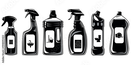 Set of bottles with cleaning products isolated on white background