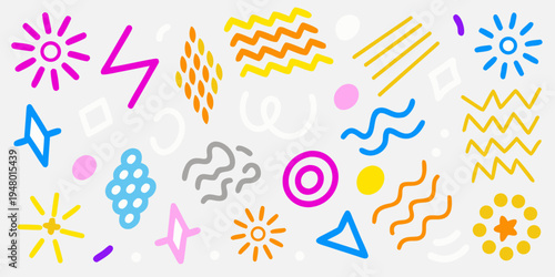 Colorful abstract shapes and lines scattered across a light gray background