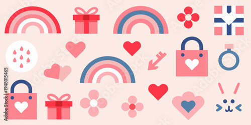 Pastel colored illustrations of rainbows gifts hearts and other cute elements