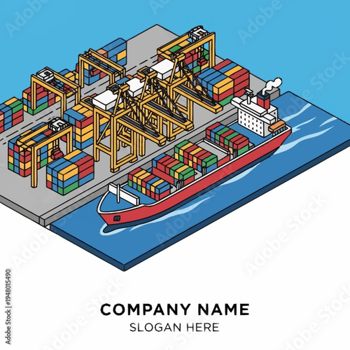 Isometric illustration of a cargo ship being loaded at a port with cranes and shipping containers.