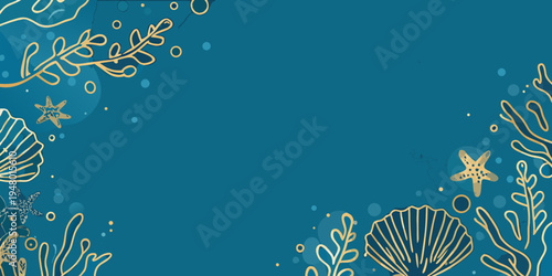 Elegant teal background with delicate gold marine life illustrations
