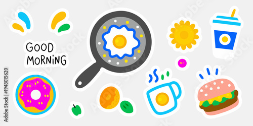 Colorful breakfast themed stickers and a good morning message