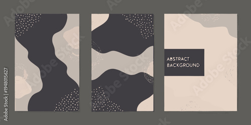 Abstract triptych featuring flowing shapes and neutral earthy color palettes