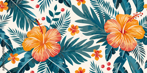 Tropical hibiscus flowers and lush green leaves form a vibrant pattern