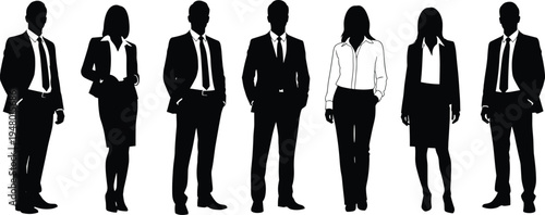 Black vector silhouette set of diverse group of men and women standing in casual and professional poses on white background,