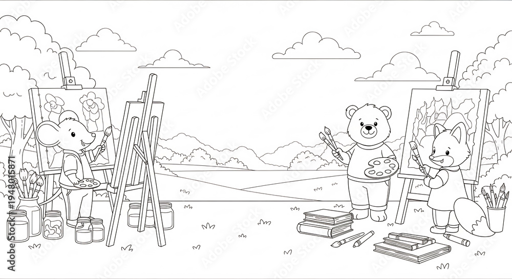 Obraz premium かわいい動物たちが穏やかに絵を描く、線画イラスト風景