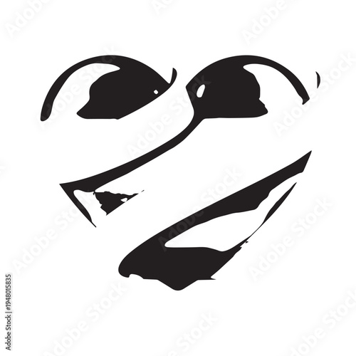 Abstract stylized face formed by bold black shapes with a friendly smile and expressive eyes, depicted in a high-contrast minimalist graphic style.