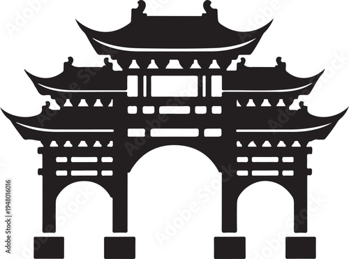 Chinese traditional architecture gate with curved roofs and ornate details