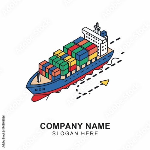 Isometric container ship carrying cargo boxes on the sea.