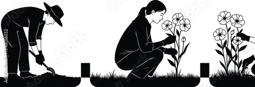 People, gardening, silhouettes, planting, flowers, garden, nature, spring, outdoor, plant, care, hobby, botany, environment, lifestyle, growth, floral, illustration, activity, concept