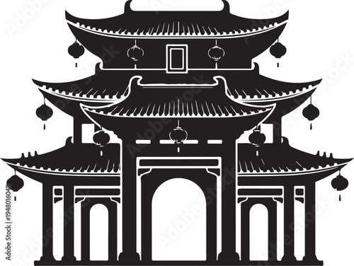 Chinese traditional architecture pagoda gate with lanterns and roof