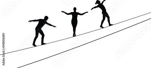 People, balancing, on, rope, silhouettes, teamwork, balance, challenge, risk, cooperation, trust, support, leadership, motivation, stability, success, concept, illustration, strategy, coordination