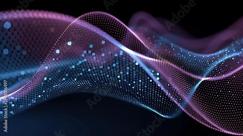 Visual display of colorful wave patterns moving through a dark space with vibrant tones and digital effects