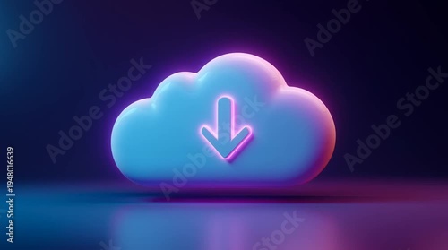 Cloud icon with download arrow in purple and blue light on dark background