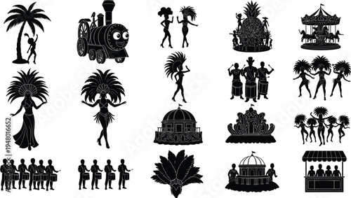 Brazil carnival festival silhouettes set, samba dancers drums parade elements collection, cultural celebration icons, black isolated vector illustration