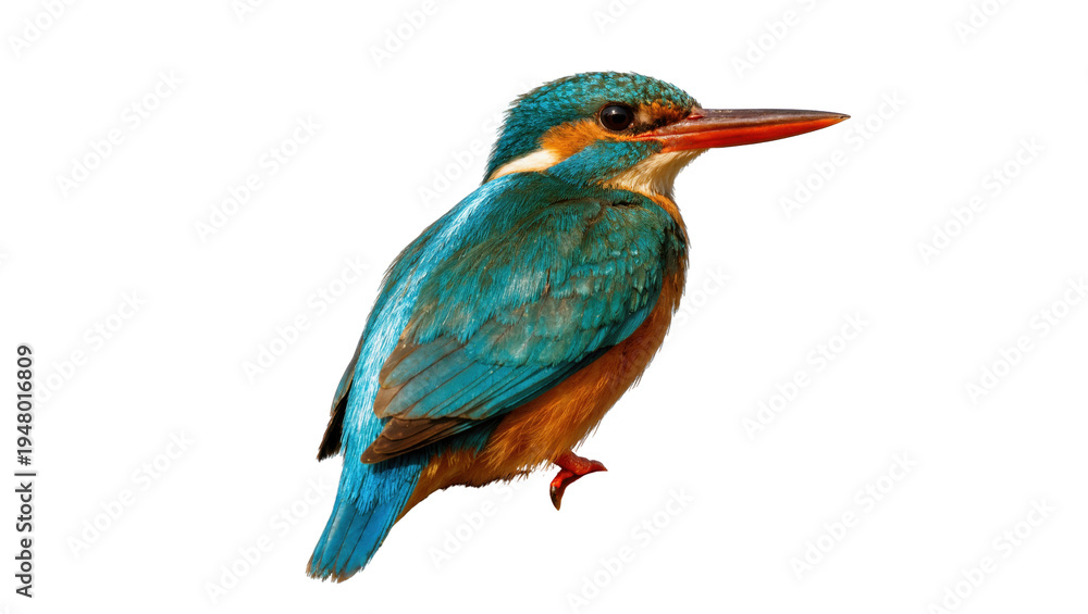 Fototapeta premium Isolated colorful common kingfisher bird with vibrant iridescent blue and orange feathers
