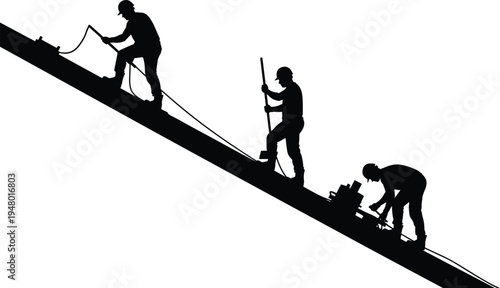 Construction, workers, silhouette, drilling, and, repairing, on, slope, building, industrial, labor, engineering, maintenance, teamwork, equipment, safety, renovation, industry, illustration,