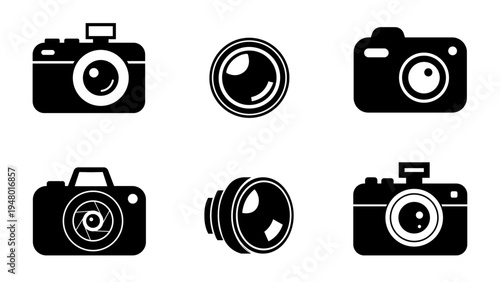 Camera and Lens Icon Set – 4 Cameras and 2 Lenses Photography Vector Symbols