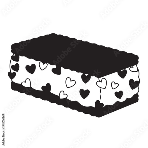 Decorated heart-patterned chocolate cake with white frosting and dark accents.