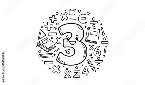 Kids math coloring page with numbers symbols and school doodles black and white vector illustration
