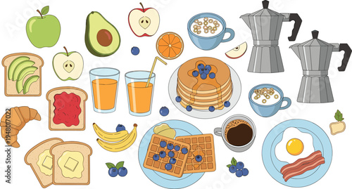 Breakfast foods and drinks with fruits and coffee makers pancake waffle