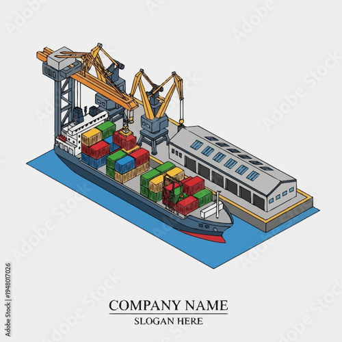 Isometric illustration of a cargo ship being loaded with containers at a port with cranes and a warehouse.