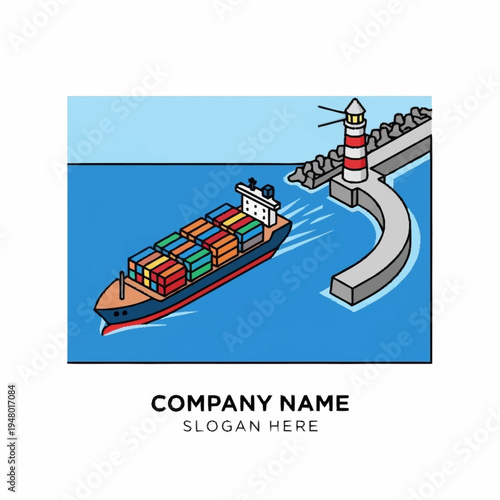 Illustration of a cargo ship approaching a harbor with a lighthouse, showcasing maritime transport and coastal infrastructure.