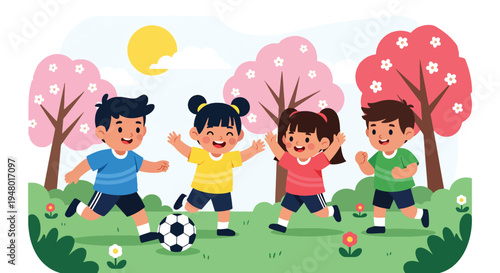 Modern vector illustration of kids playing soccer in sunny spring park with blooming trees and fresh green grass, promoting outdoor sports activity