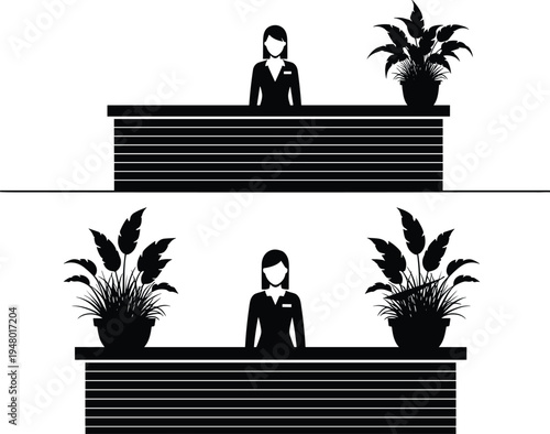 Receptionist, silhouette, standing, at, front, desk, in, office, reception, area, customer, service, business, lobby, professional, assistant, hospitality, corporate, illustration, concept