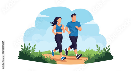 Modern vector illustration of couple jogging on green trail surrounded by fresh spring landscape and blooming trees