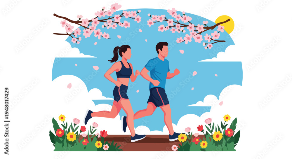 Fototapeta premium Modern vector illustration of couple jogging on green trail surrounded by fresh spring landscape and blooming trees