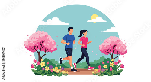 Modern vector illustration of couple jogging on green trail surrounded by fresh spring landscape and blooming trees
