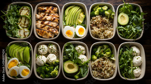 Healthy meal prep containers with fresh vegetables and proteins