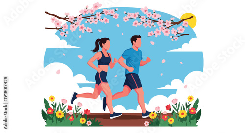 Modern vector illustration of couple jogging on green trail surrounded by fresh spring landscape and blooming trees