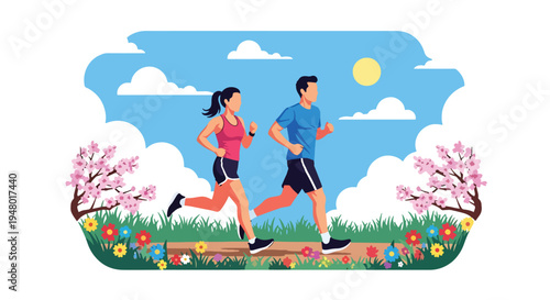 Modern vector illustration of couple jogging on green trail surrounded by fresh spring landscape and blooming trees