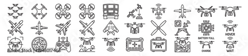 drone and uav icon set with quadcopter aircraft, remote controller, radar navigation and aerial technology symbols vector illustration collection on transparent background
