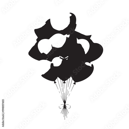 Abstract silhouette of clustered helium balloons tied together.