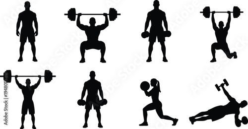 Fitness workout silhouettes set, weightlifting gym athletes training collection, strength exercise poses, bodybuilding lifestyle, black isolated vector illustration