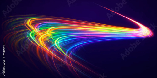 A futuristic black backdrop features an abstract glowing design of colorful waves and bright motion lines, creating a vibrant space-inspired texture with energy and light patterns