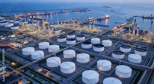 Oil refinery industrial complex with storage tanks pipelines cargo ships and port terminal at coastal energy hub representing global petroleum production transport trade and economy