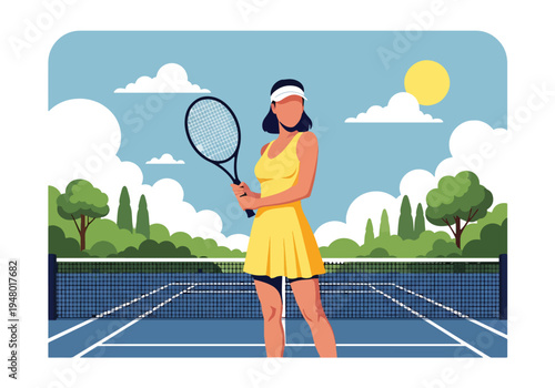 Modern vector illustration of woman with tennis racket in outdoor court during sunny spring season