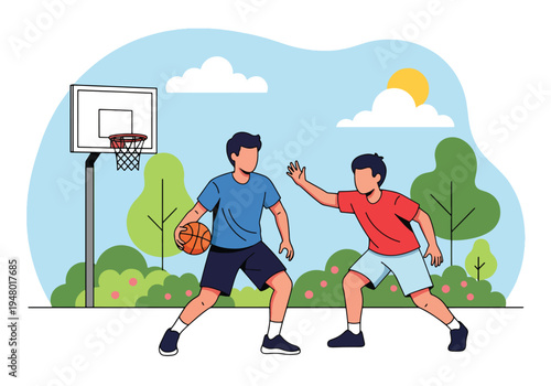 Modern vector illustration of teenagers playing basketball outdoors under clear spring sky in community playground